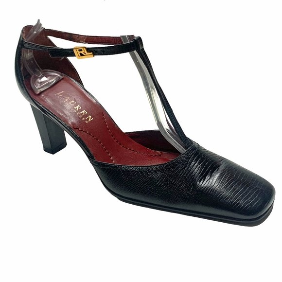 LAUREN Ralph Lauren Reptile Embossed Leather T-Strap‎ Heels - Picture 1 of 11